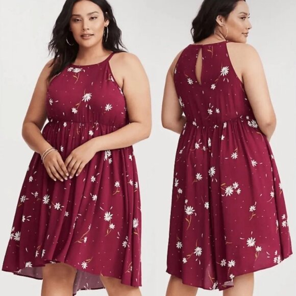 Torrid Floral Challis High Neck Hi-Low Fit Flare Dress - Picture 1 of 8